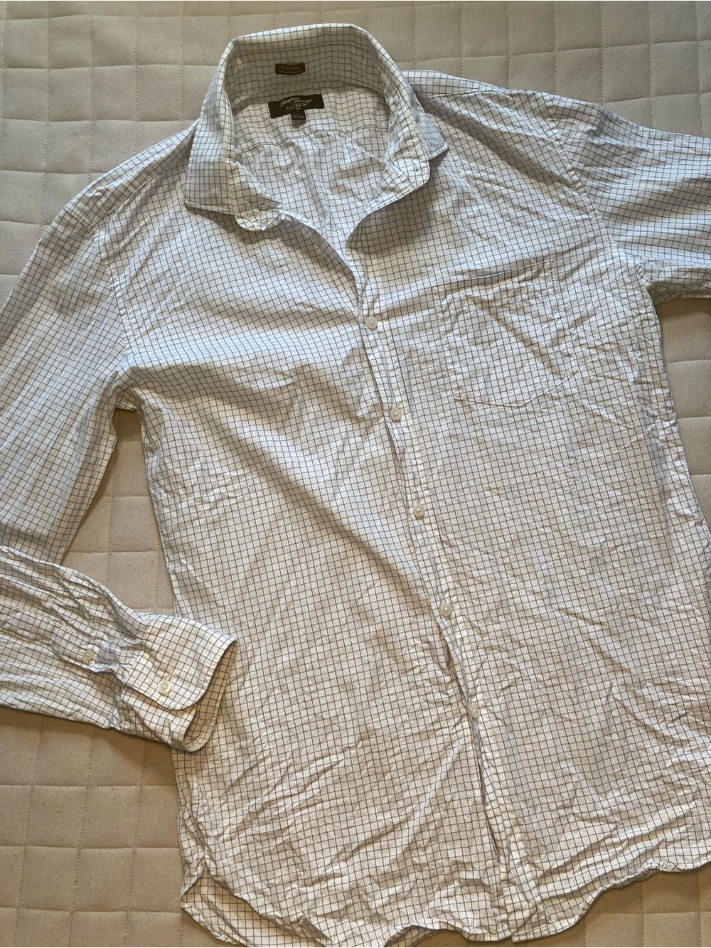 J. Crew Men’s White Button-Up Shirt with Navy Blue Grid